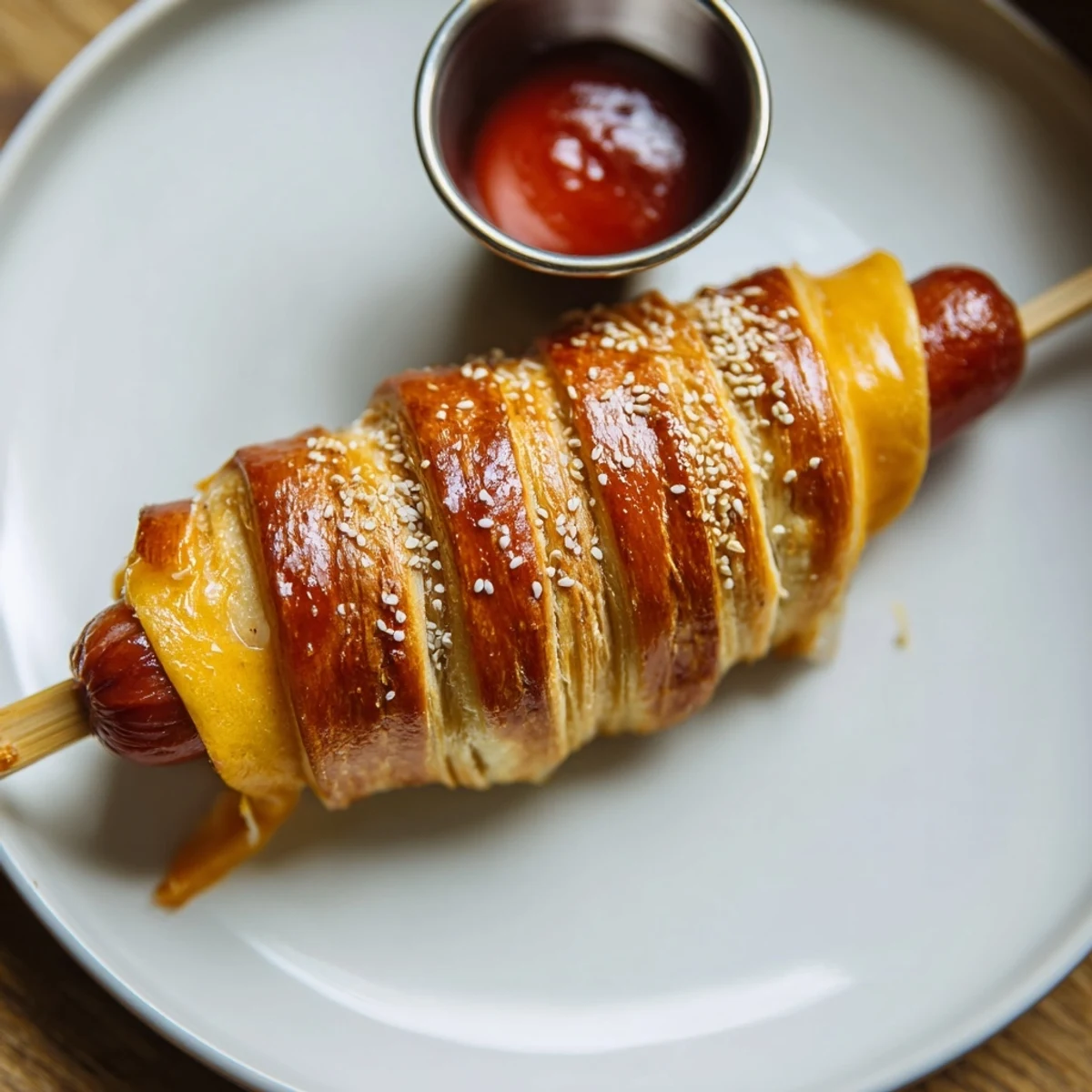 Crisp golden dough surrounds hot dog — Firecracker Hot Dogs Recipe served warm.