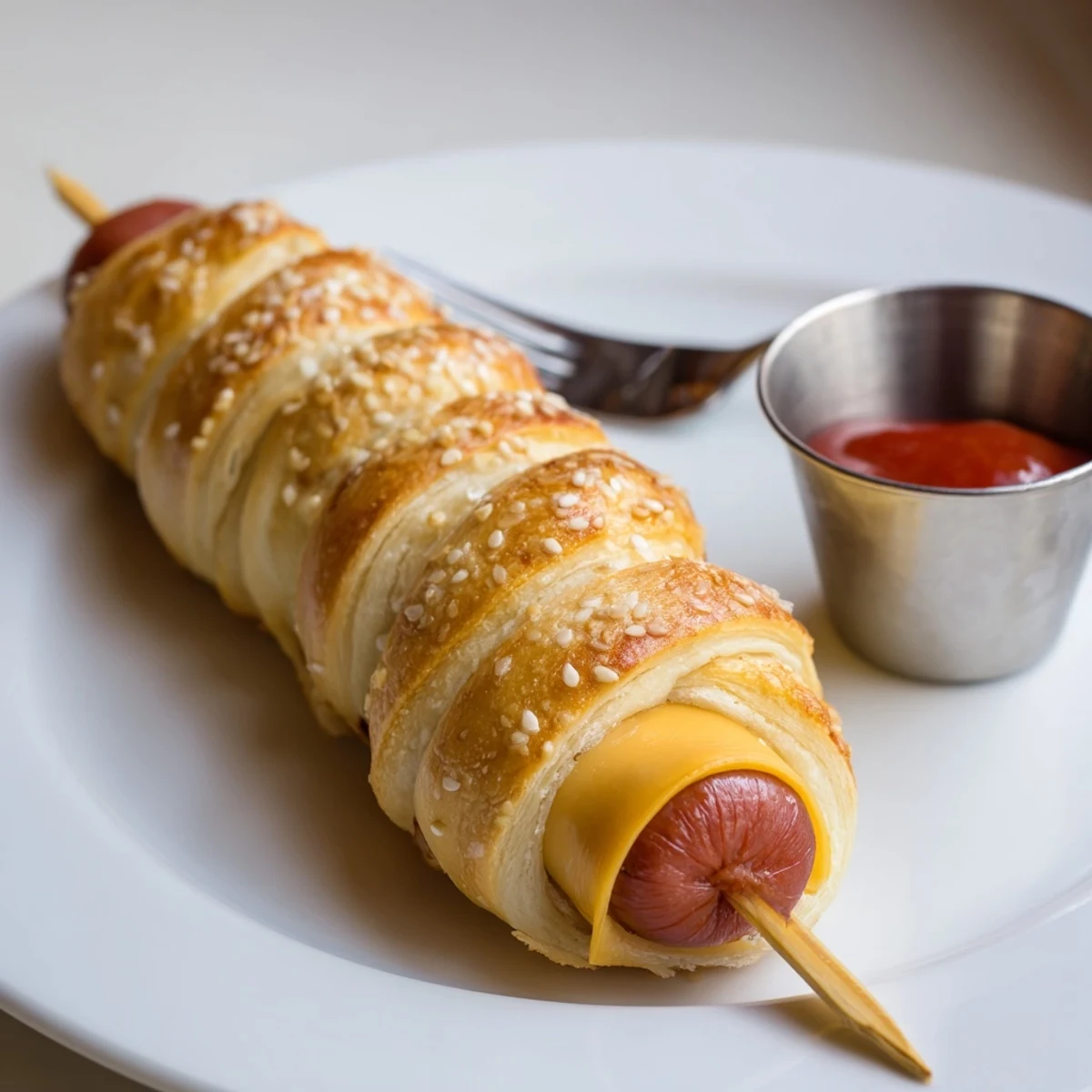 Party ready Firecracker Hot Dogs Recipe skewered, brushed with butter, mustard dip.