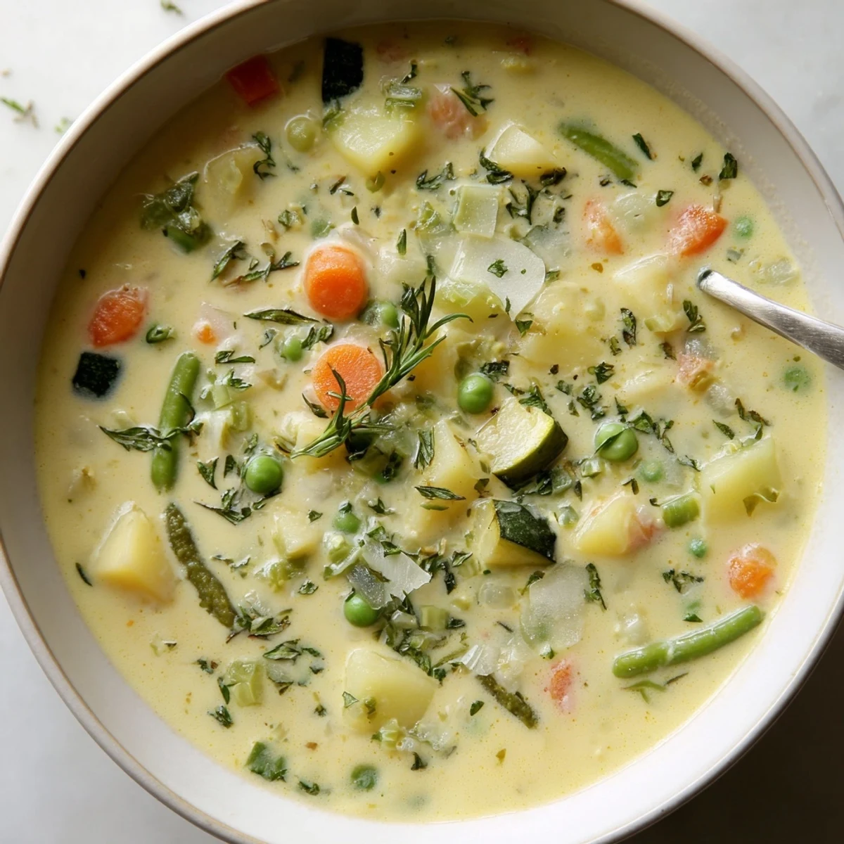 Steam rising from a bowl of Creamy Vegetable Soup Recipe, silky and warm.