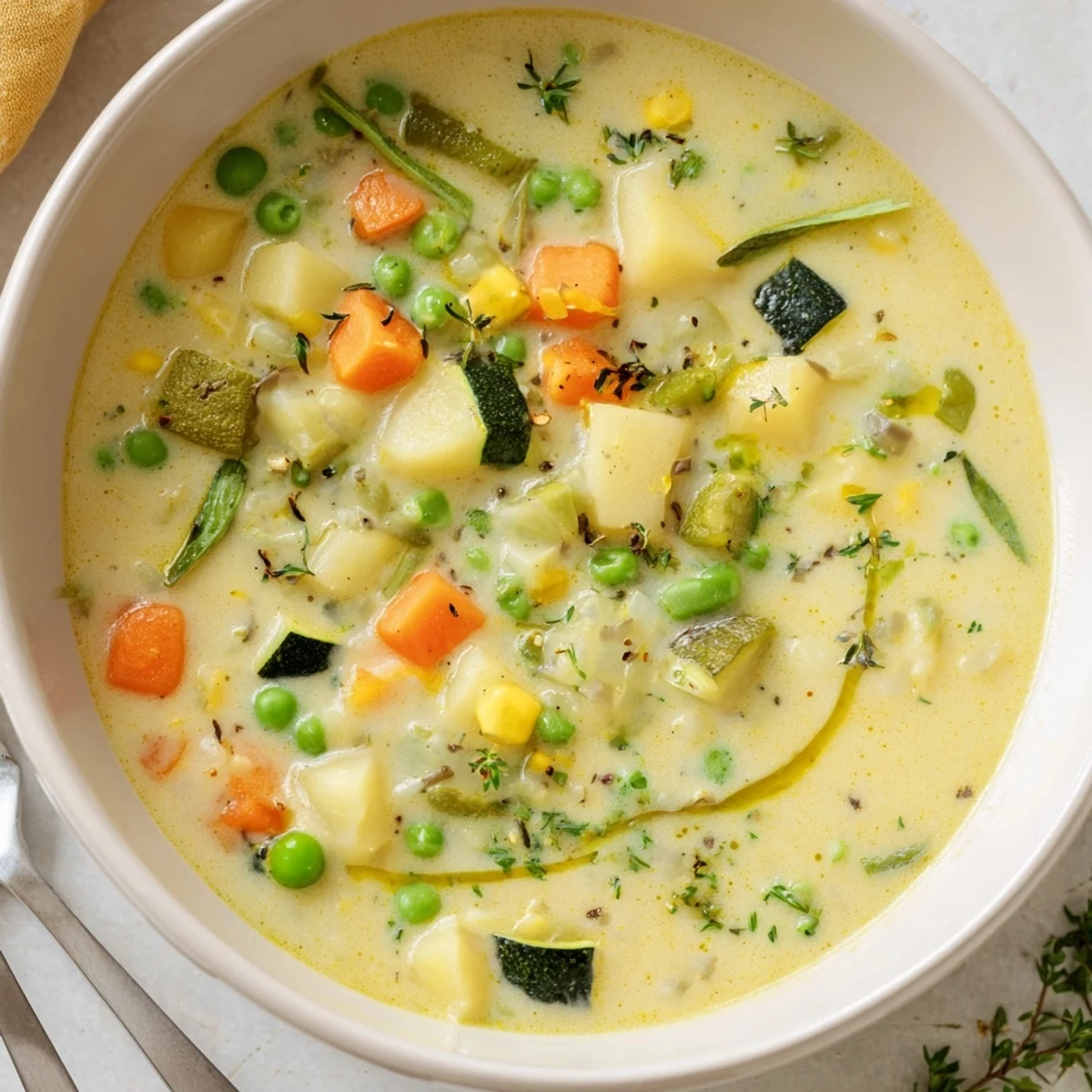 Aromatic broth and tender veggies in this Creamy Vegetable Soup Recipe, garnished with parsley.