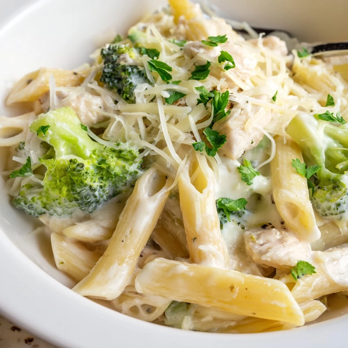 Chicken Broccoli Alfredo Bake bubbling golden, creamy sauce, tender broccoli florets