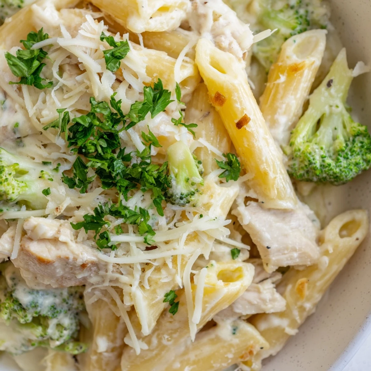 Oven-steaming Chicken Broccoli Alfredo Bake with melted mozzarella and parsley
