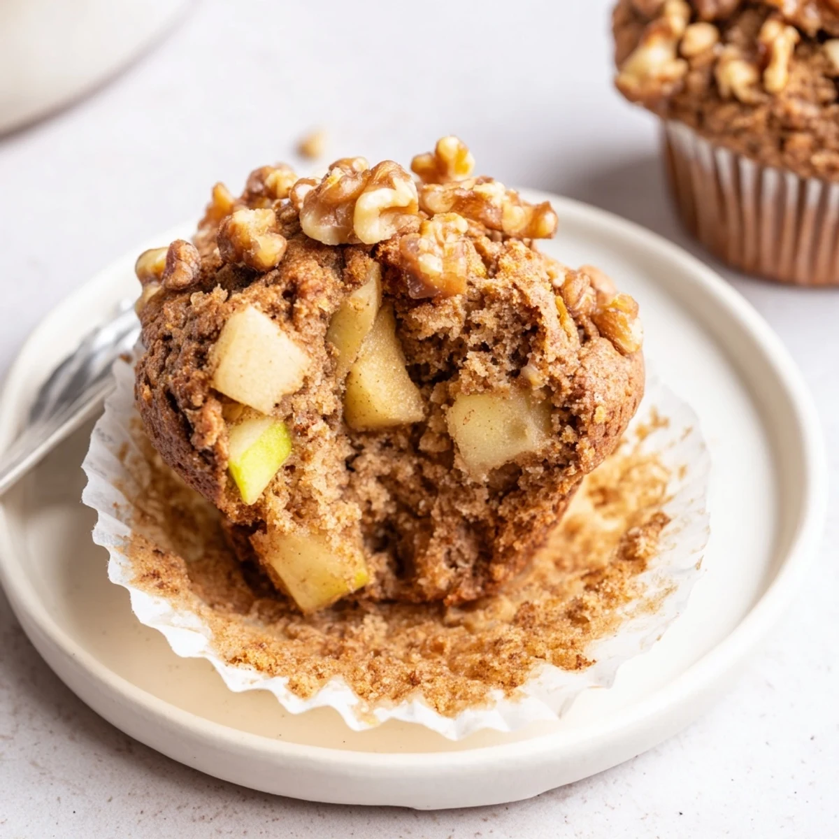 Warm Healthy Apple Cinnamon Greek Yogurt Muffins topped with chopped walnuts