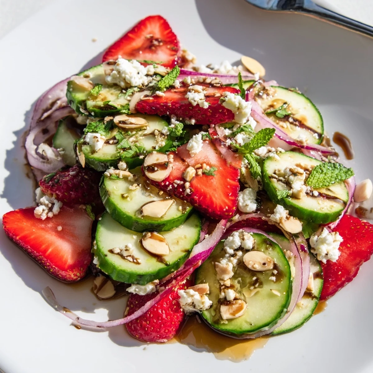 Cucumber Strawberry Salad Recipe with mint, feta, and honey-balsamic dressing