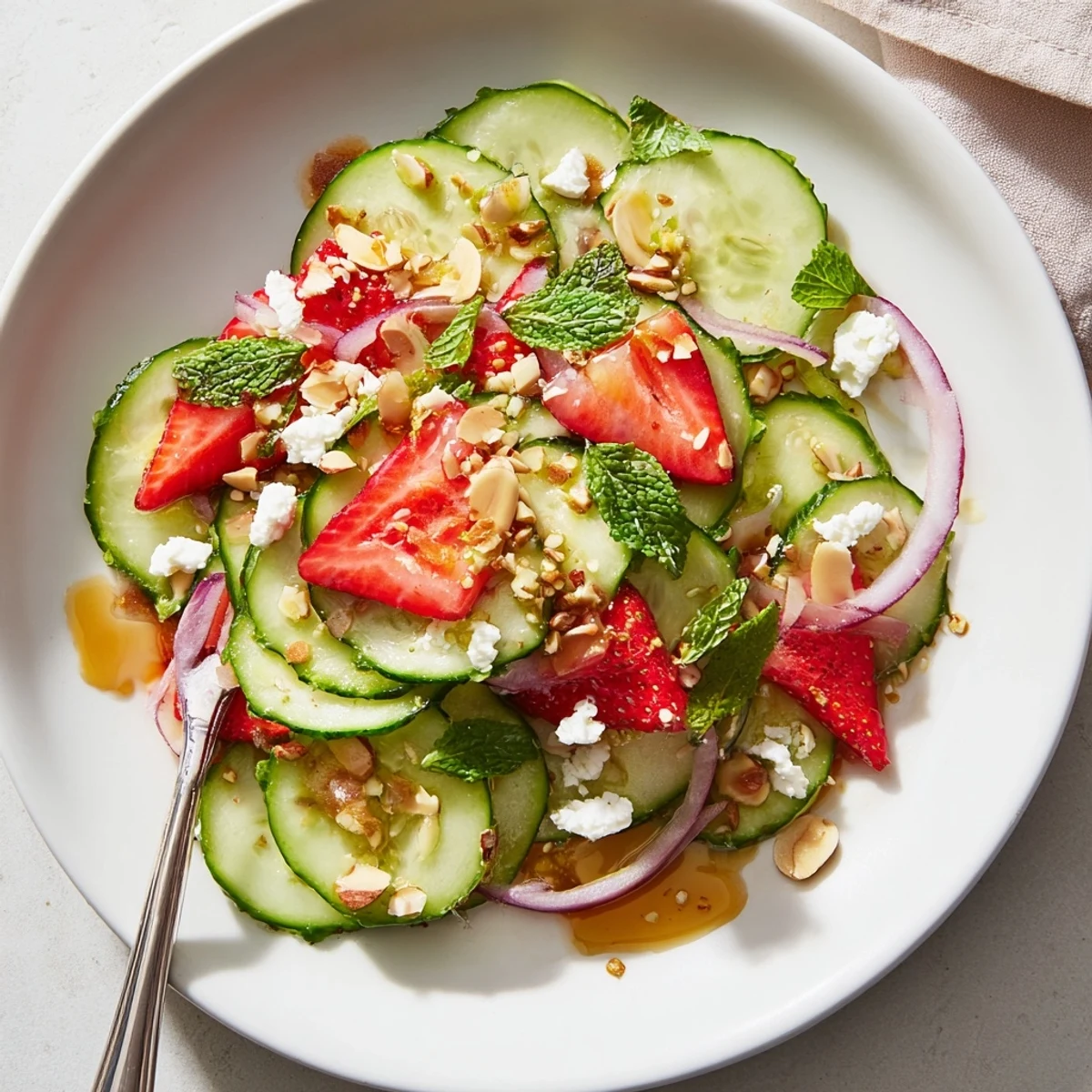Bright Cucumber Strawberry Salad Recipe tossed with sliced cucumbers, juicy strawberries