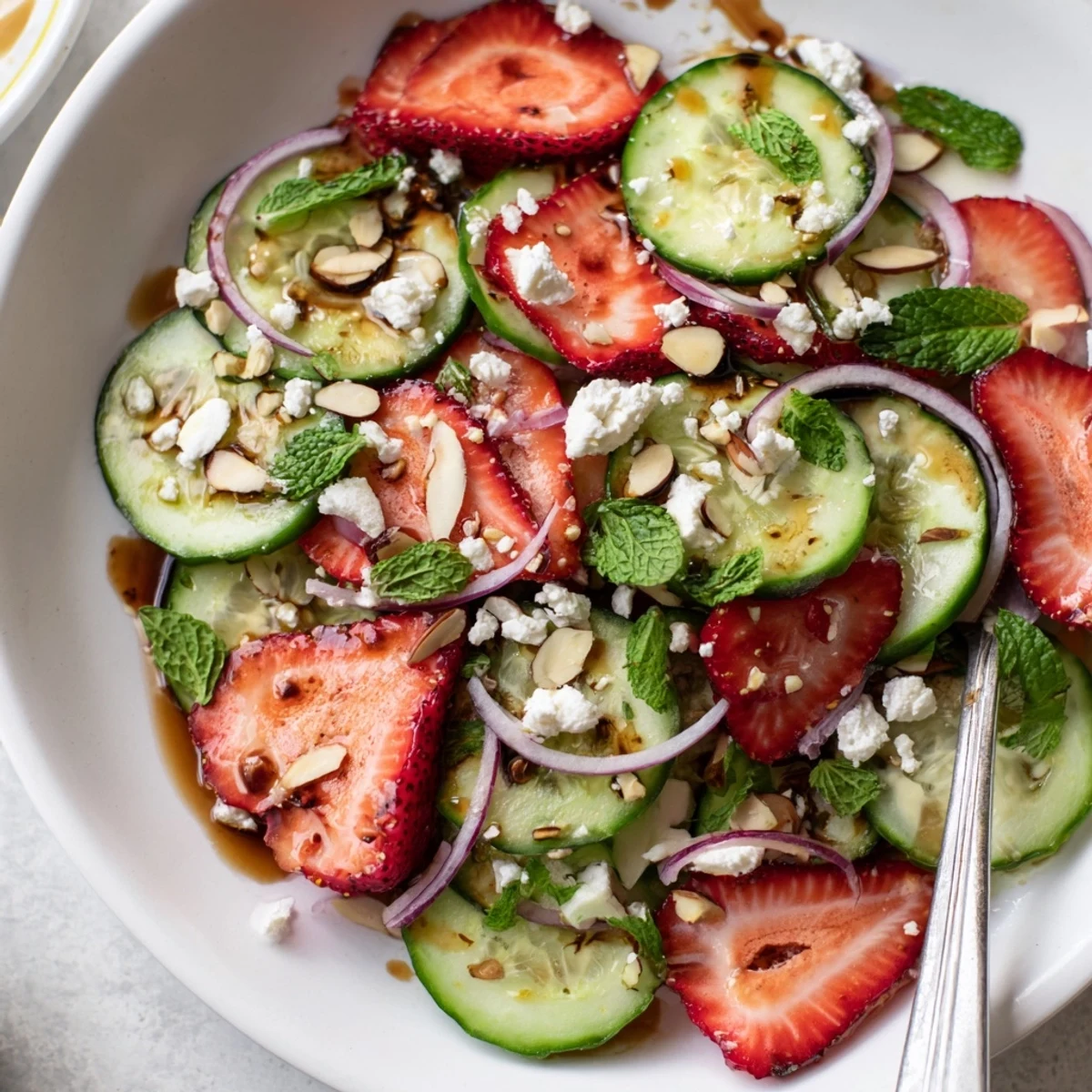 Summer-ready Cucumber Strawberry Salad Recipe served chilled with red onion and mint