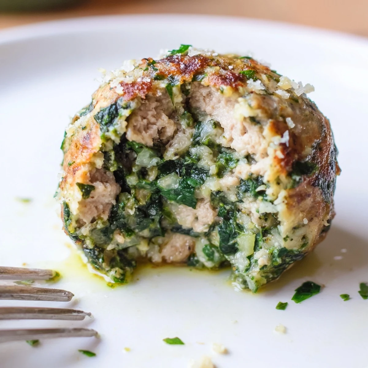Pan-seared Low Carb Spinach Chicken Meatballs sizzling in olive oil, fragrant