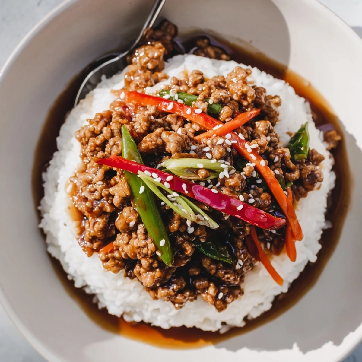 Teriyaki Turkey Rice Bowls with glossy sauce, tender turkey, crisp bell pepper