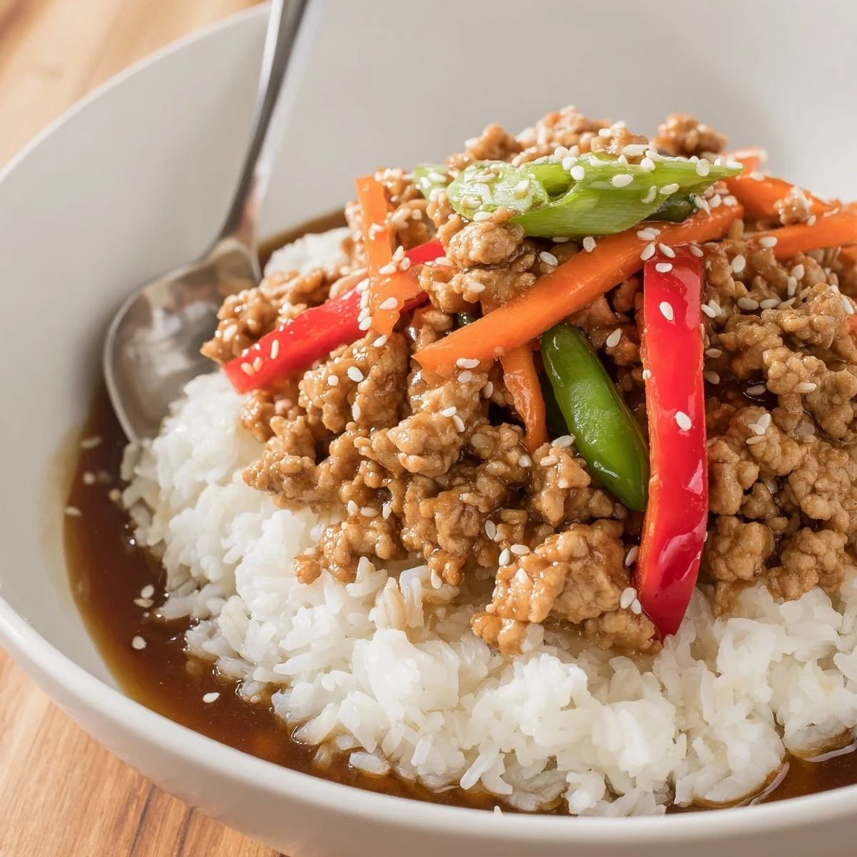 Steam rising from Teriyaki Turkey Rice Bowls garnished with sesame seeds