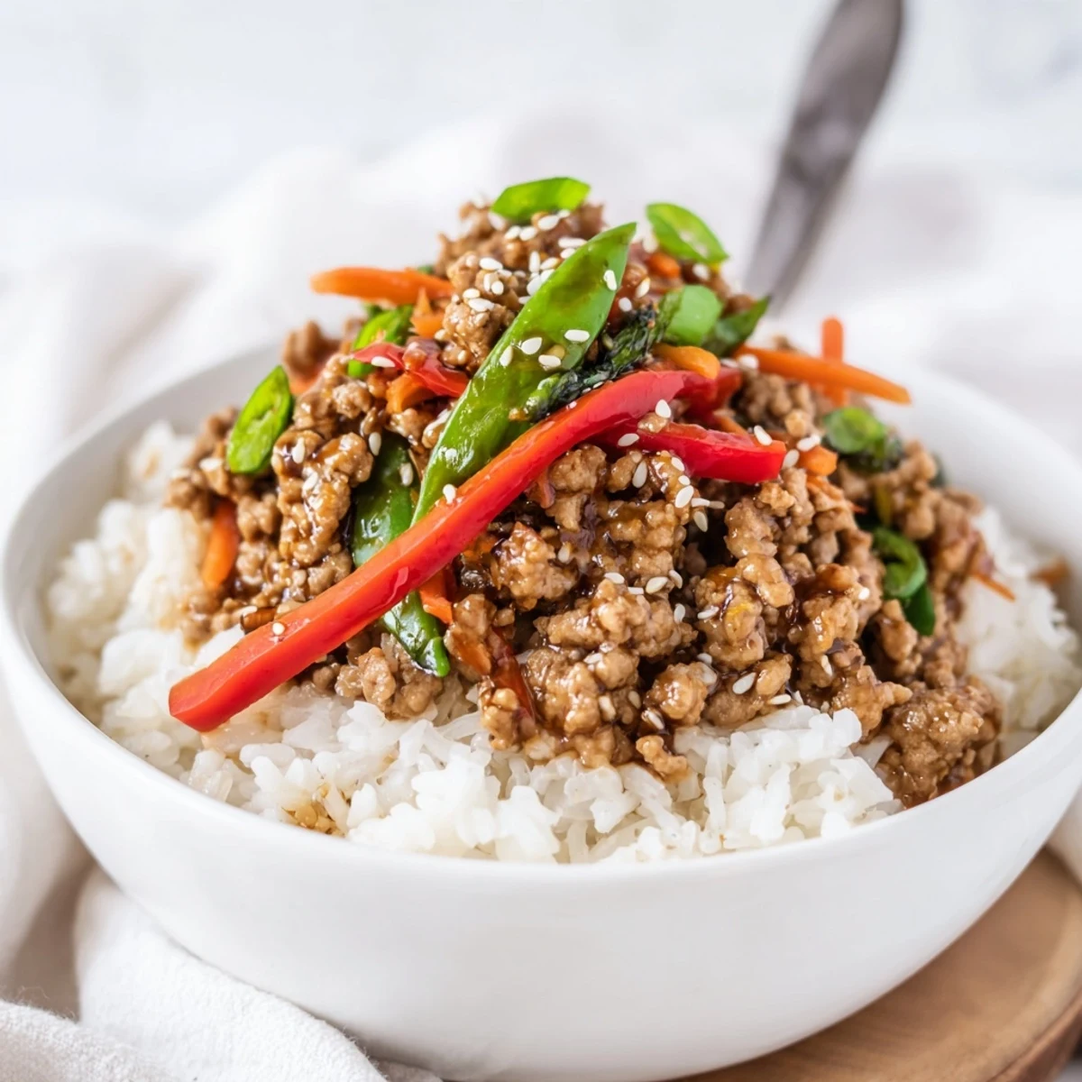 Family-style Teriyaki Turkey Rice Bowls savory glazed turkey over fluffy jasmine rice