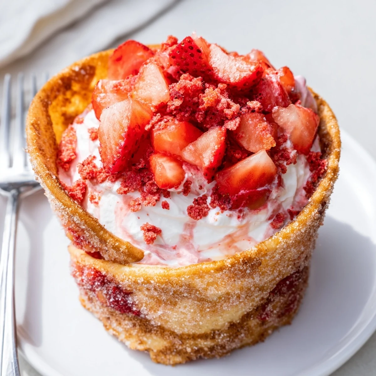 Strawberry Crunch Cheesecake Tacos with creamy filling, golden crisp shells, fresh strawberries