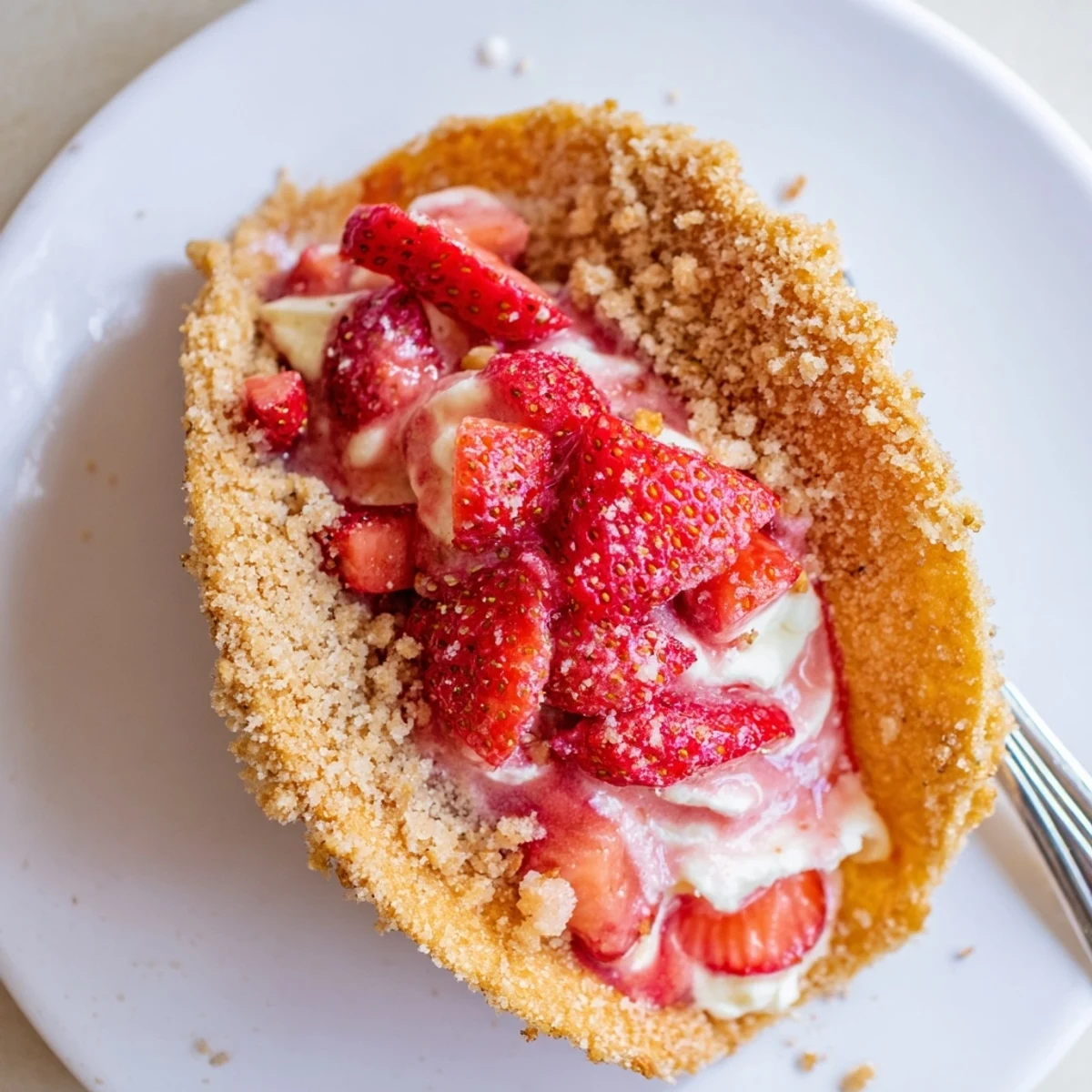Handheld Strawberry Crunch Cheesecake Tacos featuring crunchy rims, velvety cheesecake, strawberry aroma