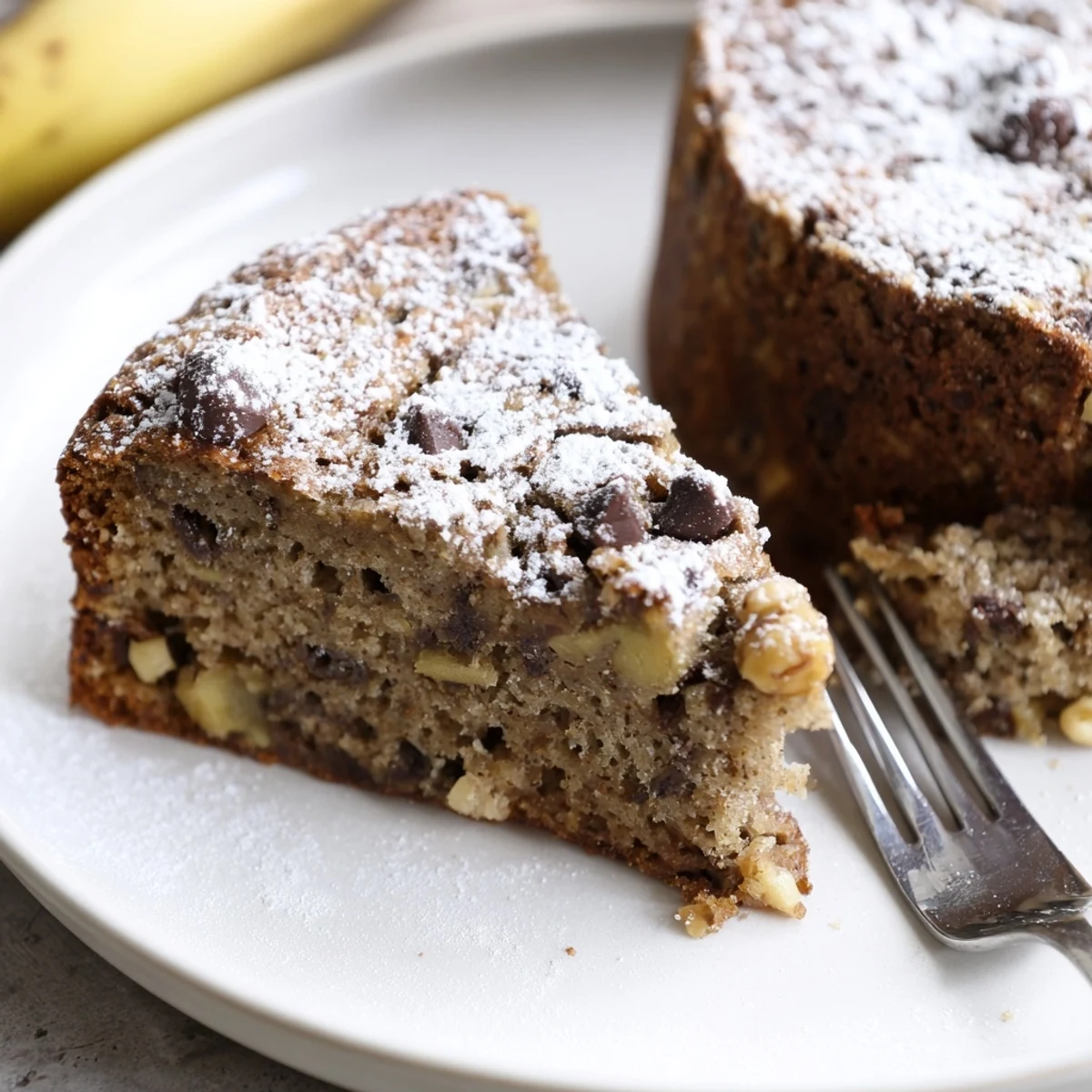 Slice of Banana Bread Cake Recipe served with melting vanilla ice cream.