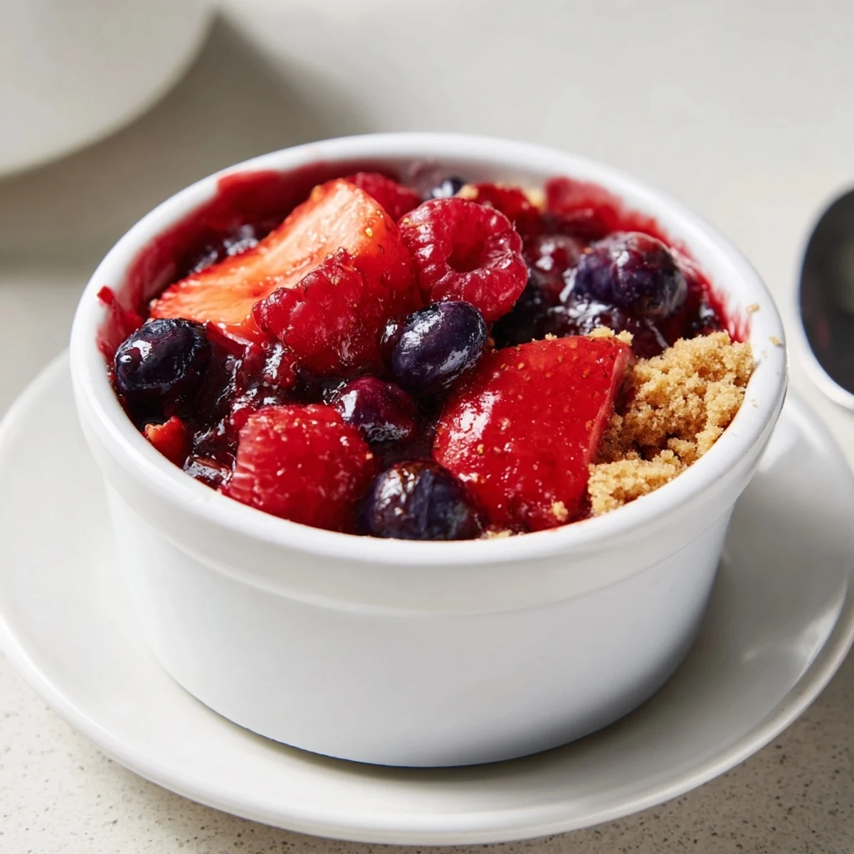 Berry No Bake Cheesecakes with glossy mixed berry compote and crunchy graham base.
