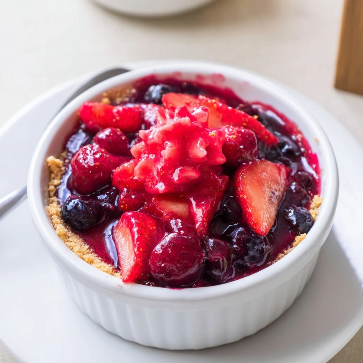 Chilled Berry No Bake Cheesecakes in glass jars, creamy layers, fresh berries.