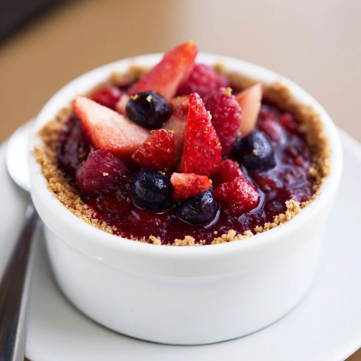 Berry No Bake Cheesecakes spoon-ready, velvety filling atop crisp biscuit, summer dessert.