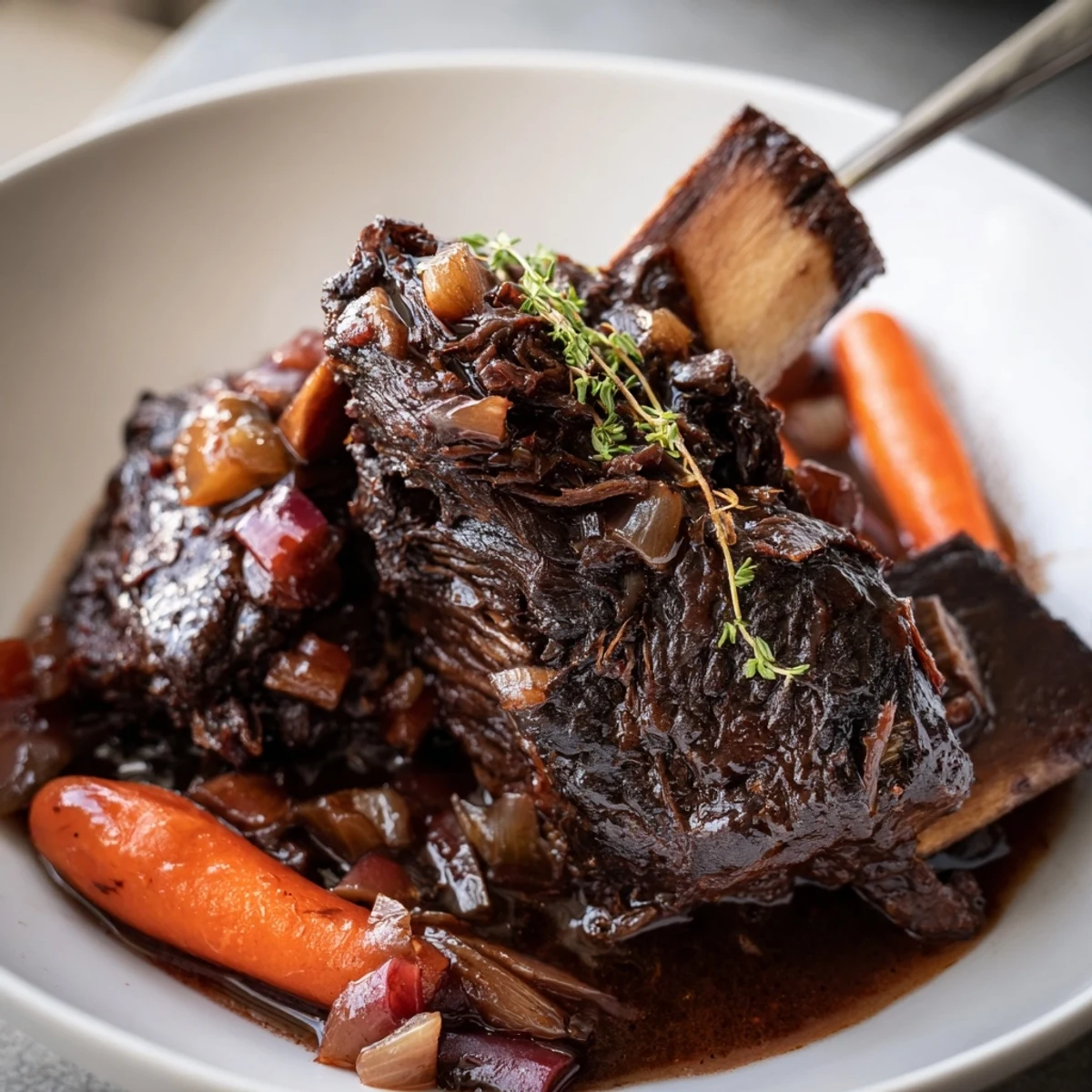 Slow Cooker Beef Short Ribs glistening in rich sauce over mashed potatoes