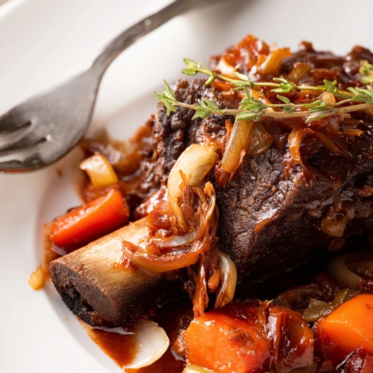 Steaming Slow Cooker Beef Short Ribs falling off bone with carrots