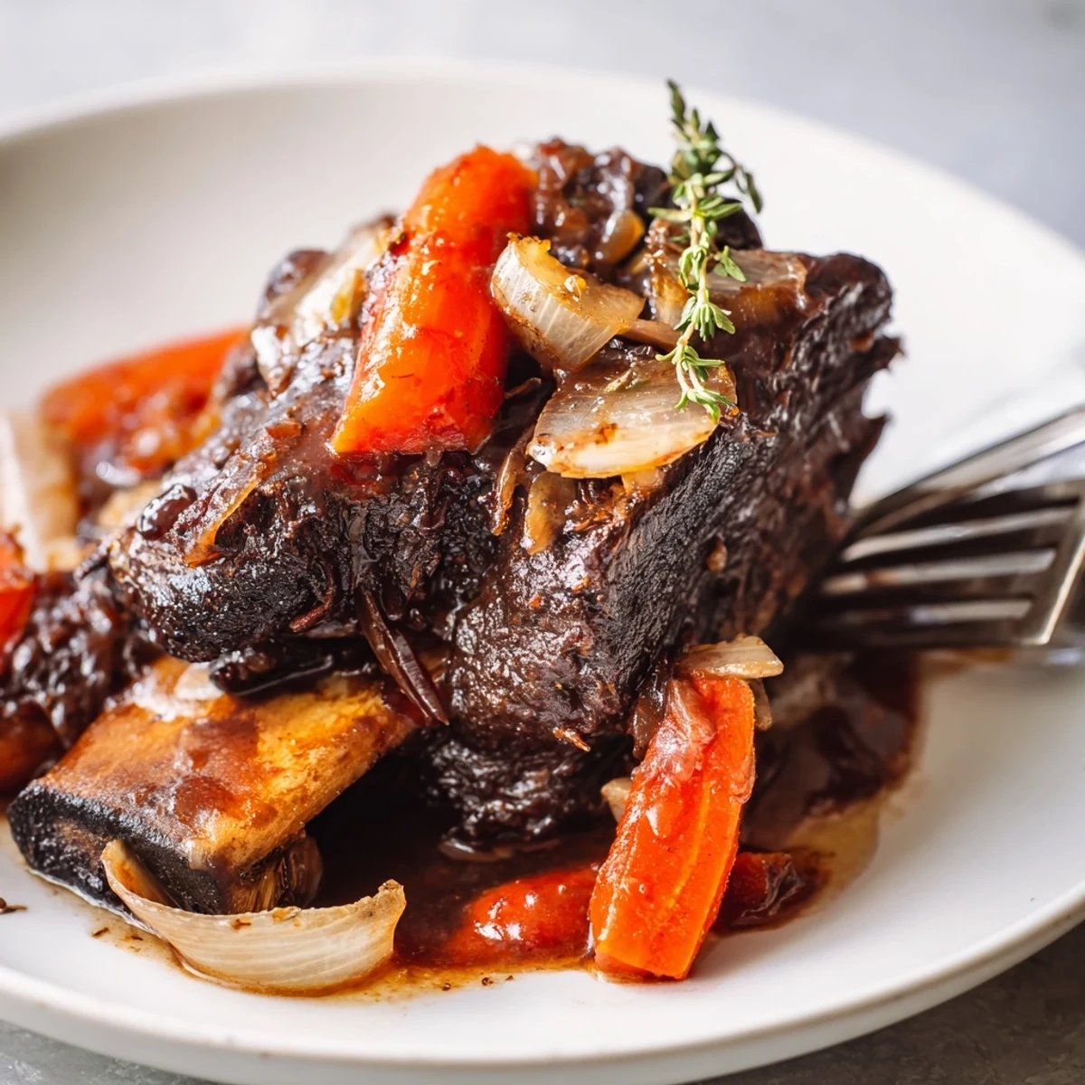 Herb-scented Slow Cooker Beef Short Ribs braised in red wine, crusty bread