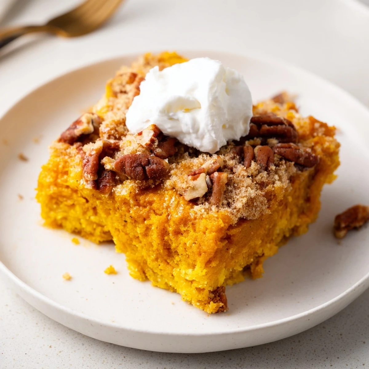 Warm Pumpkin Dump Cake with golden pecan crumble, steaming beside vanilla ice cream
