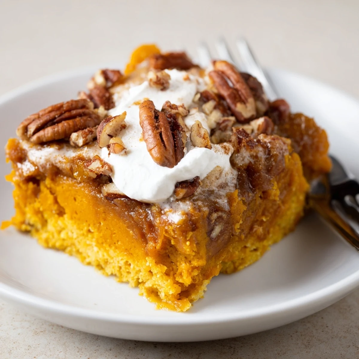 Slice of Pumpkin Dump Cake cooling on pan, spiced aroma hints