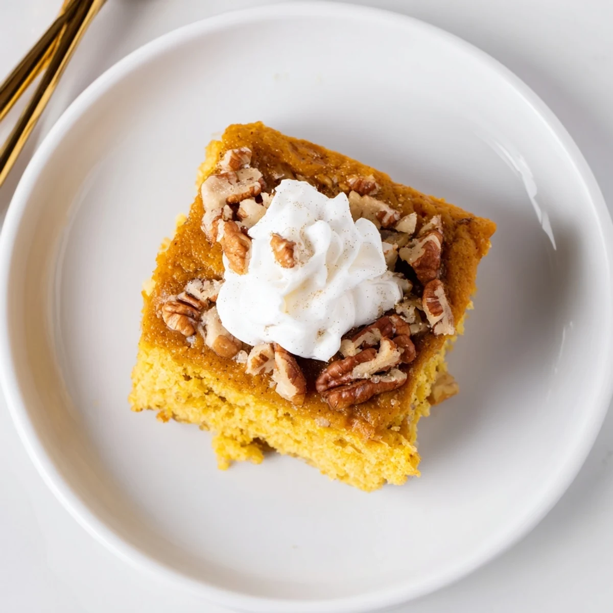 Homestyle Pumpkin Dump Cake topped with toasted pecans, served warm with whipped cream