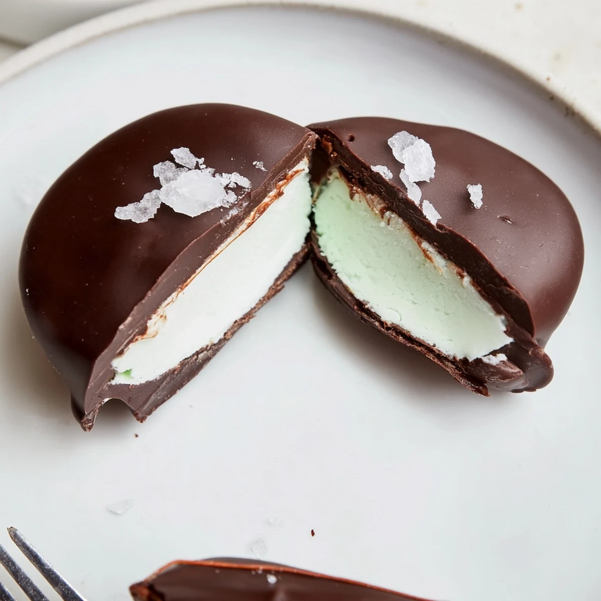 Homemade Peppermint Patties with creamy mint center and rich chocolate sheen.
