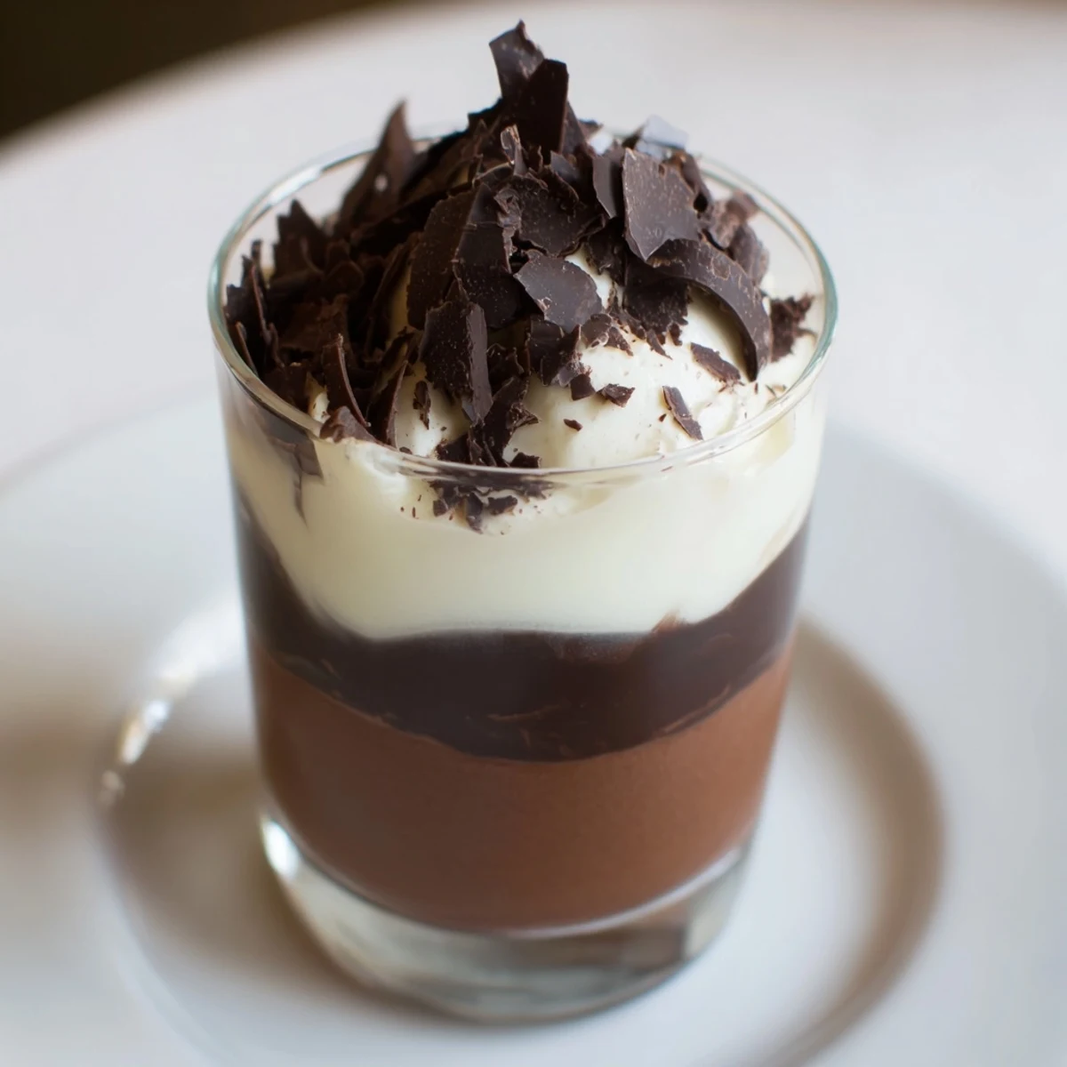 Spoon ready, Triple Chocolate Mousse Cups served in small glasses with cocoa dusting