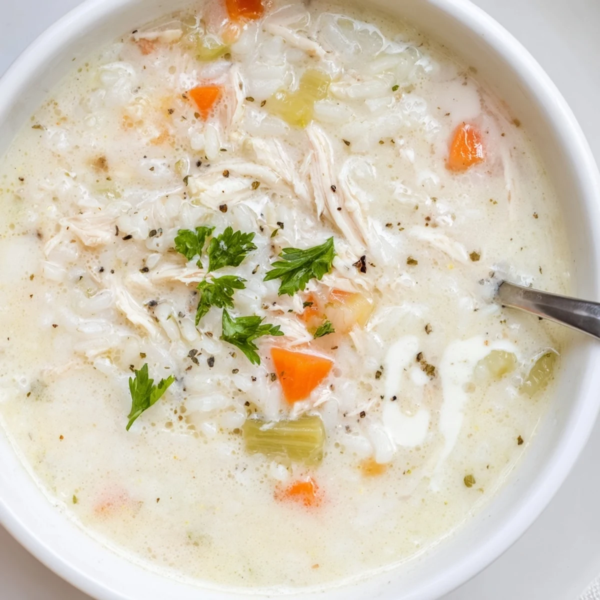 Creamy Chicken Rice Soup steaming in bowl, tender chicken and silky broth