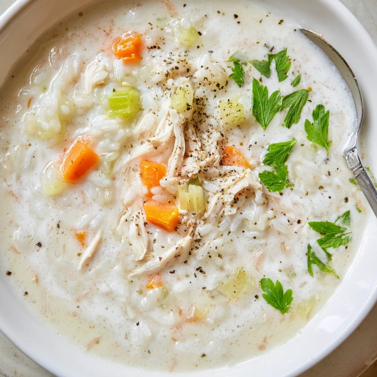 Bowl of Creamy Chicken Rice Soup garnished with parsley, served with bread