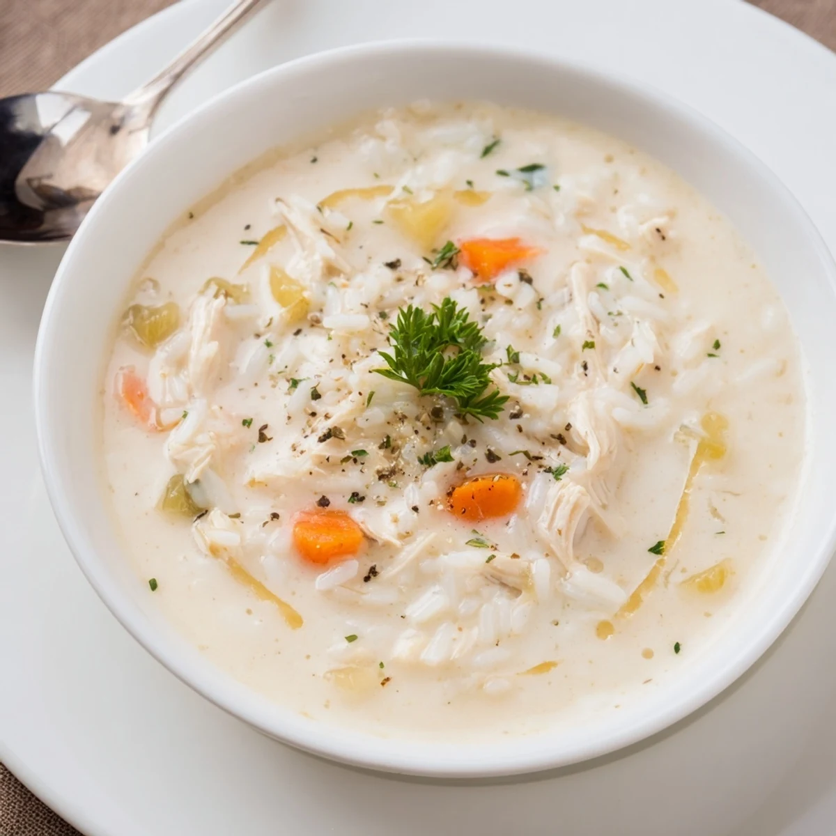 Hearty Creamy Chicken Rice Soup with carrots and celery, rich, warming spoonful