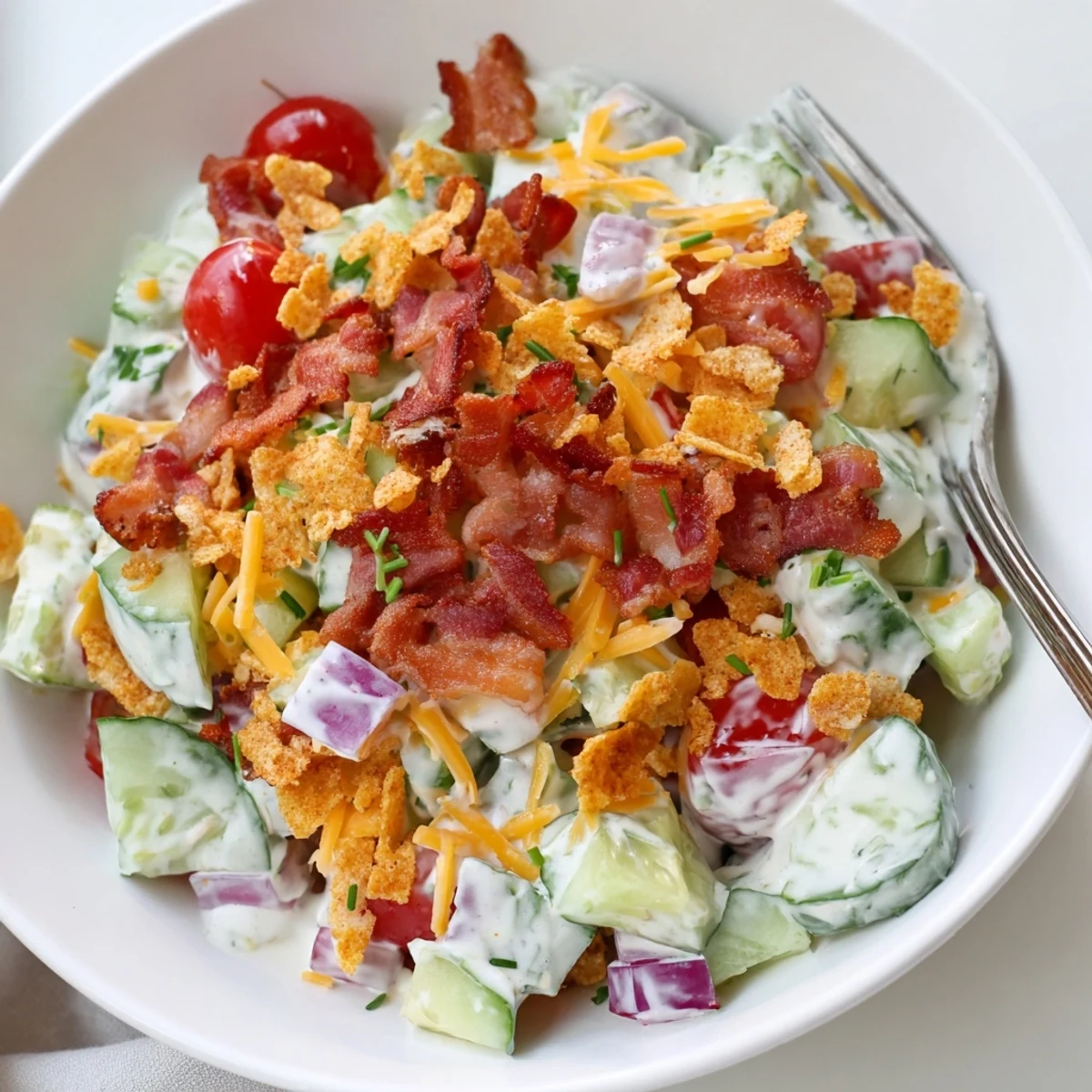 Cucumber Ranch Crack Salad piled in bowl, crunchy chips and smoky bacon