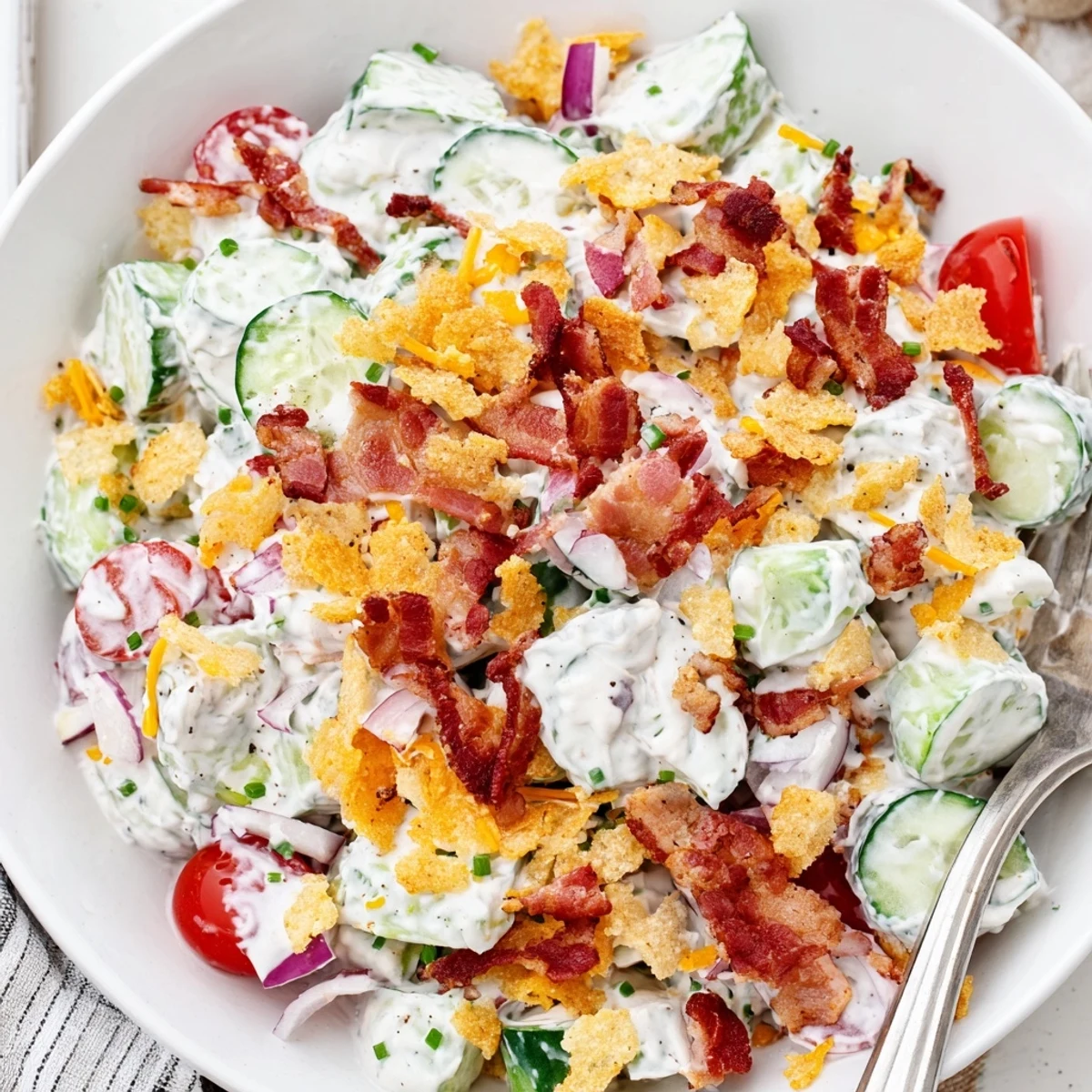 Bright Cucumber Ranch Crack Salad with creamy dressing, shredded cheddar, juicy tomatoes