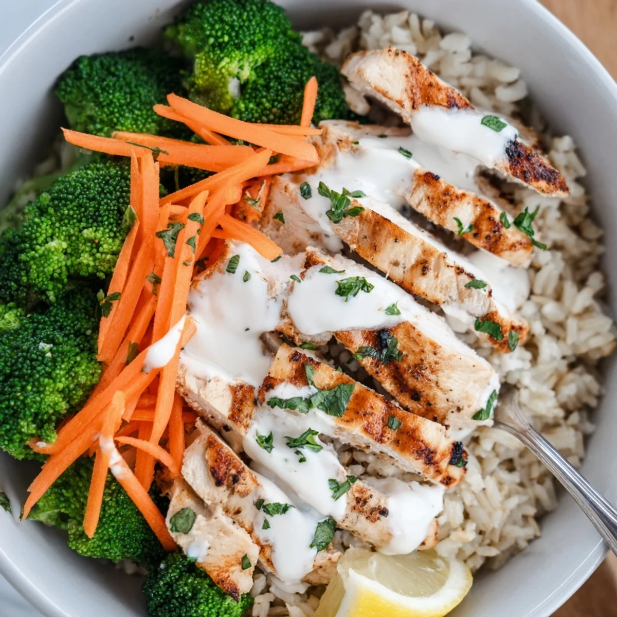 Golden sliced grilled chicken atop steaming broccoli and grains drizzled with white creamy garlic sauce