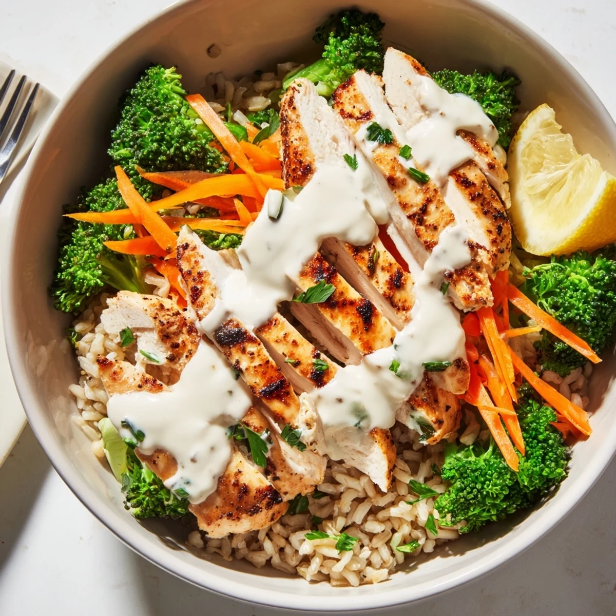 Nourishing healthy grilled chicken broccoli bowls featuring tender meat and luscious garlic yogurt dressing