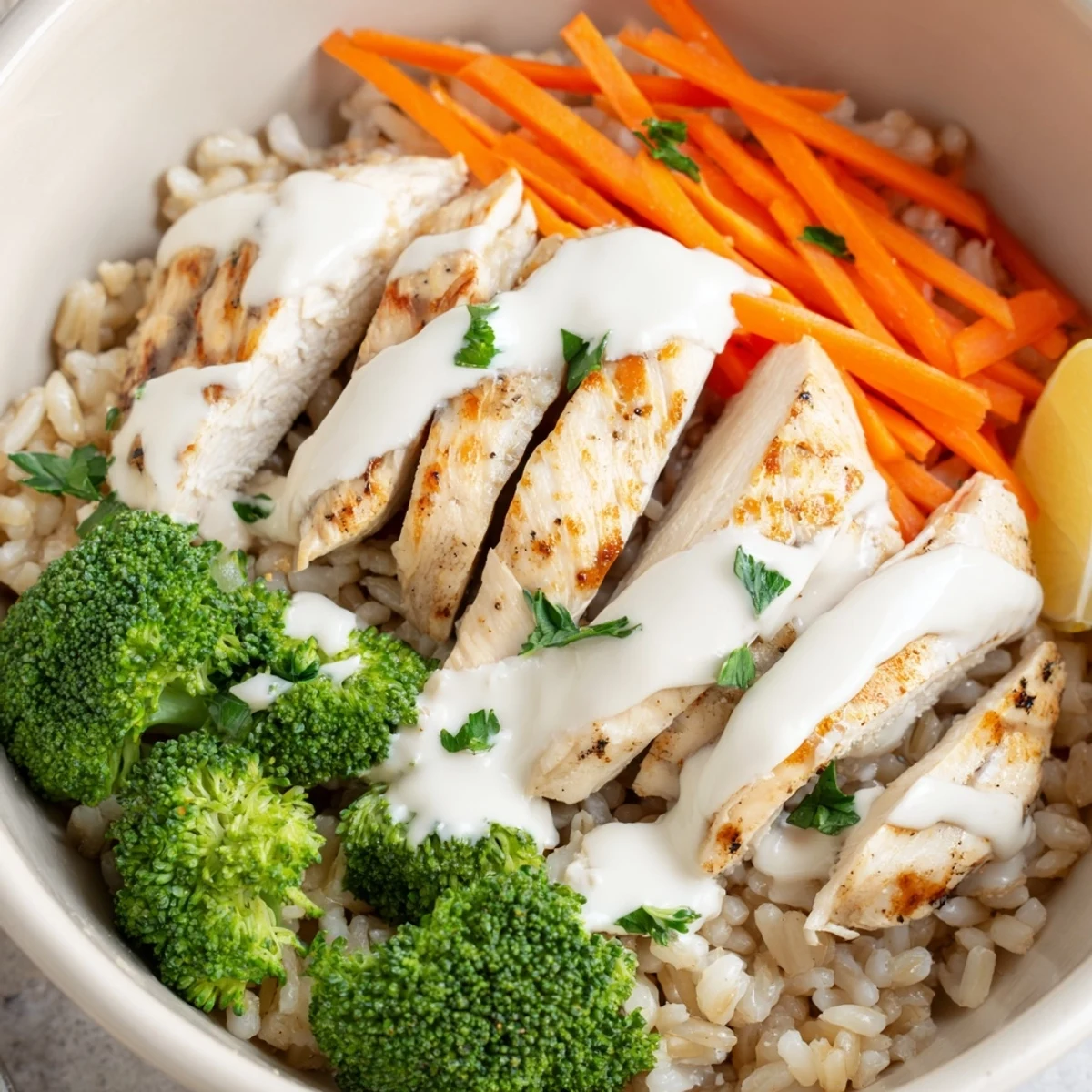 Close-up of grilled chicken breast slices over fresh broccoli florets topped with creamy homemade garlic sauce