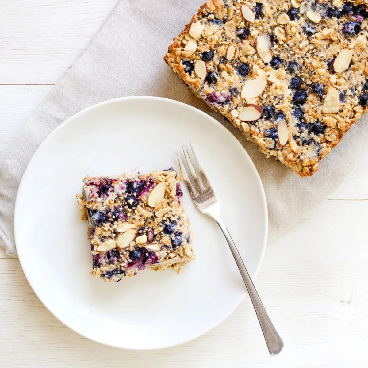 Golden high protein lemon blueberry breakfast bake topped with almonds and chia seeds