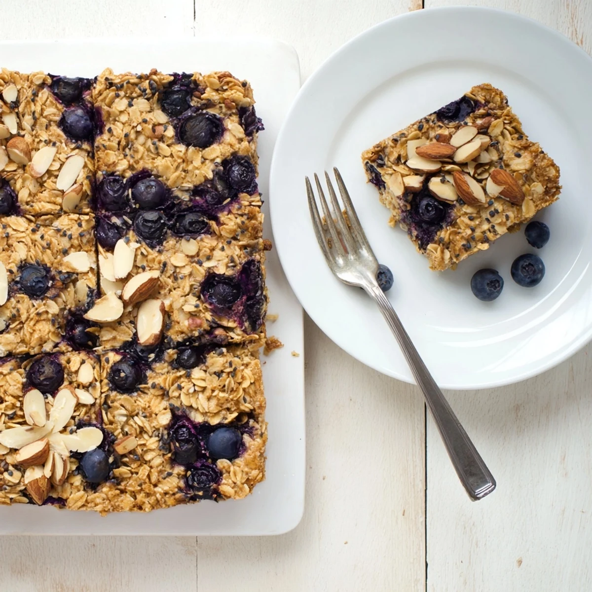 Warm high protein lemon blueberry breakfast bake dusted with powdered sugar for serving