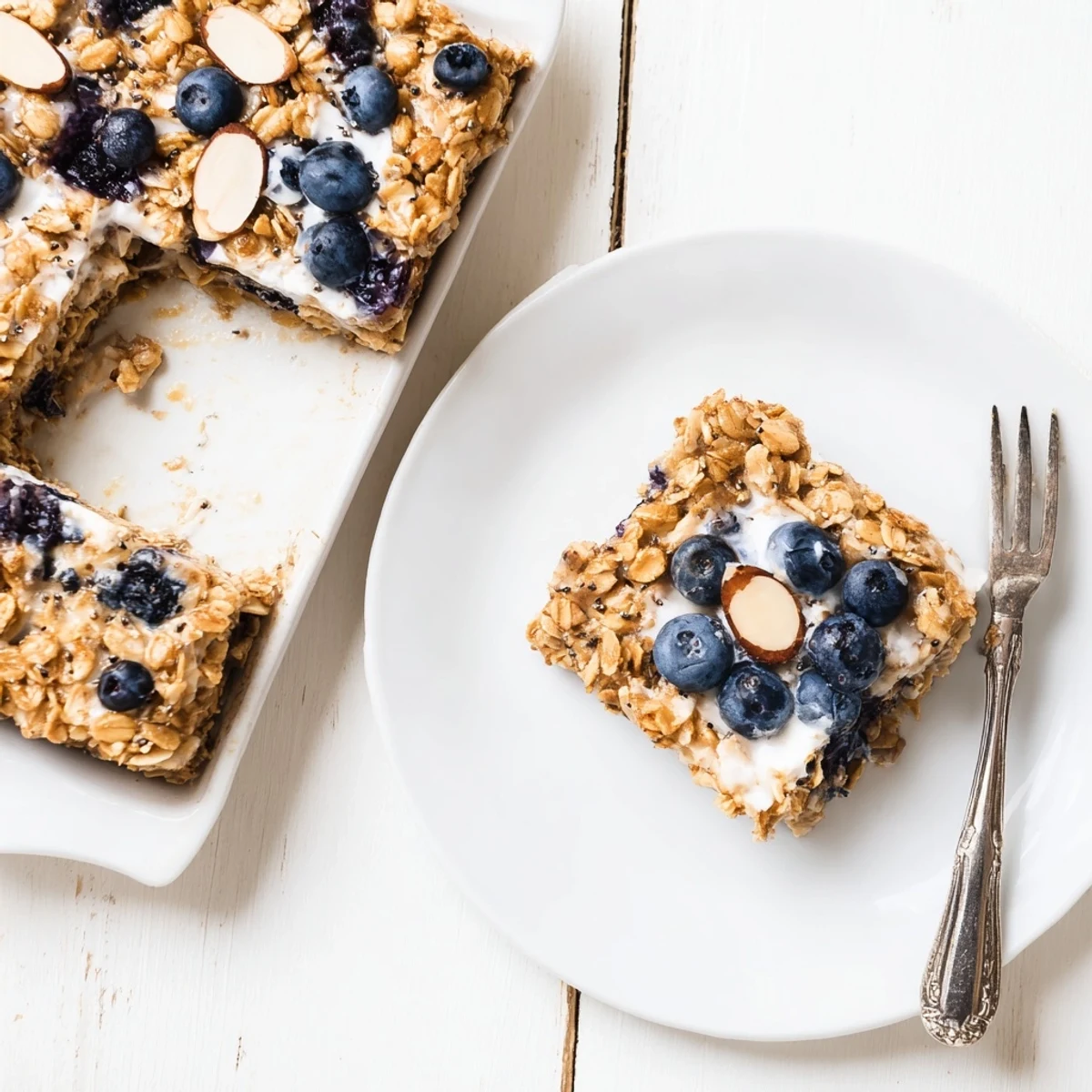 Sliced high protein lemon blueberry breakfast bake showing plump berries and oats