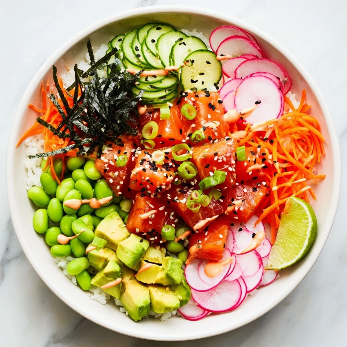 Fresh marinated salmon poke bowl with creamy avocado slices over seasoned sushi rice