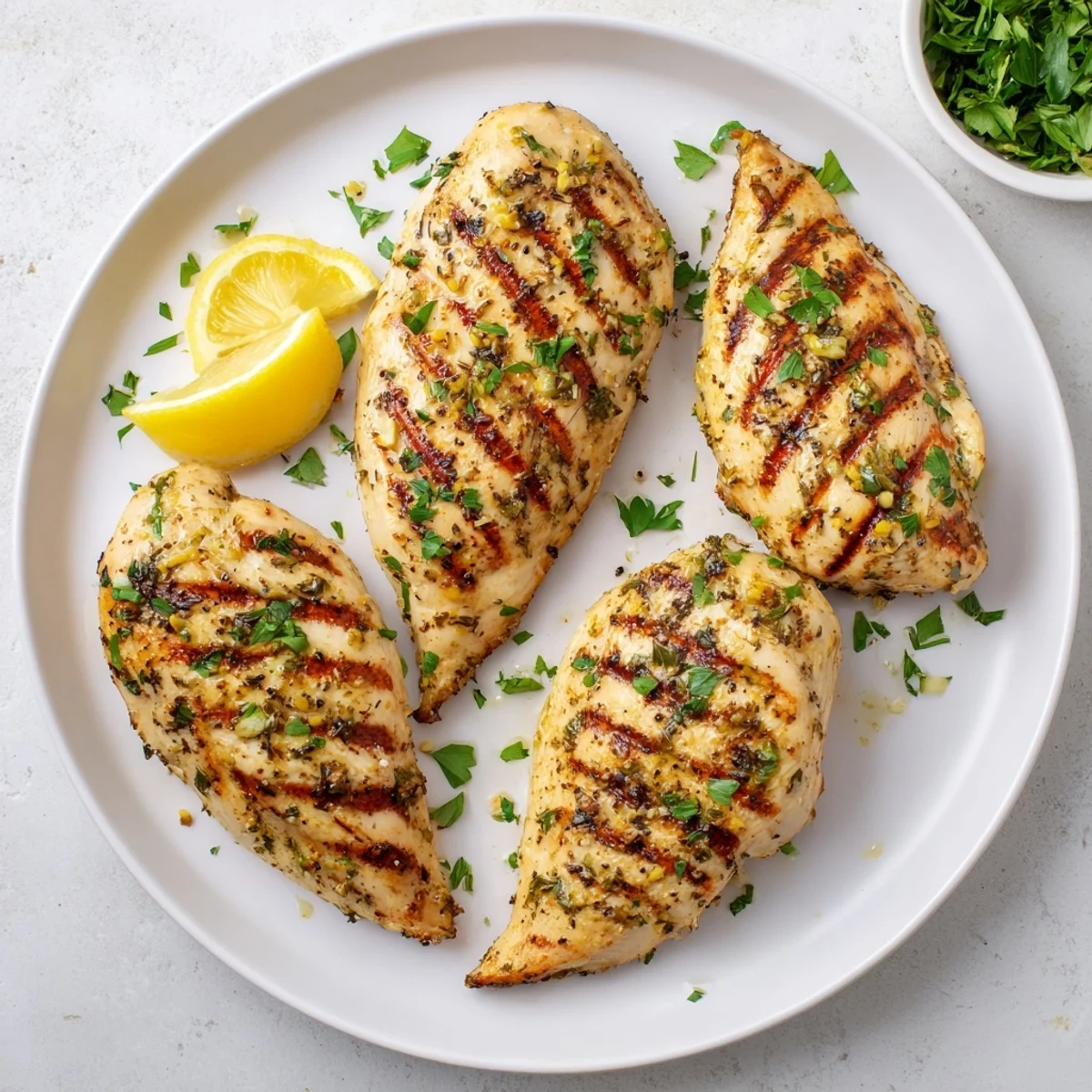 Juicy grilled chicken breasts with charred grill marks and fresh herb garnish on a white plate