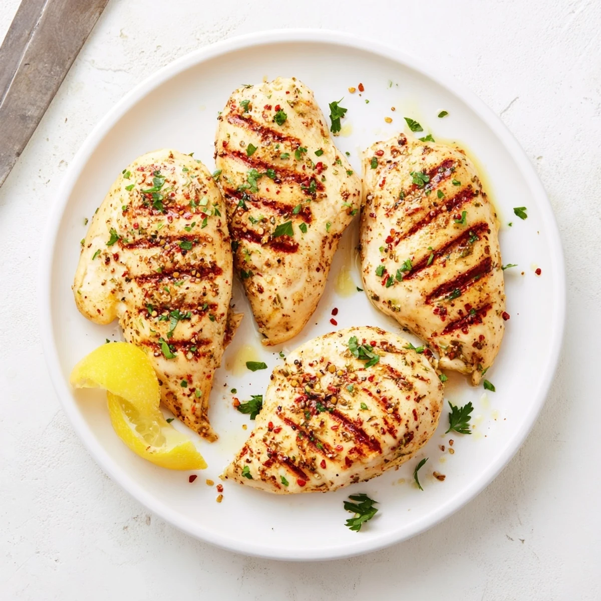 Perfect grilled chicken recipe featuring golden brown meat with lemon wedges and parsley sprinkle