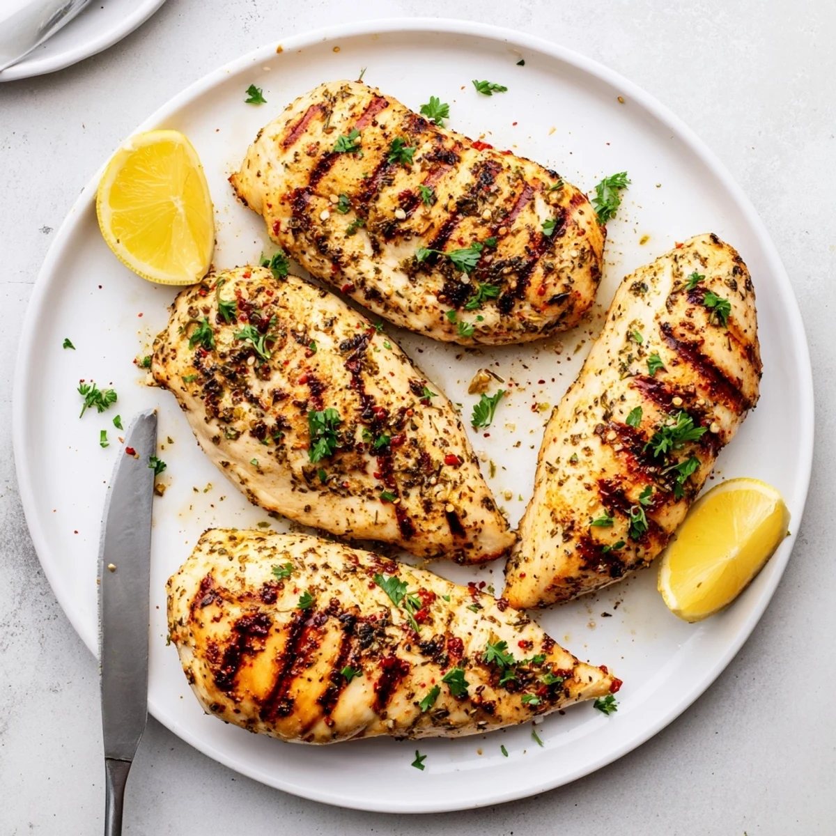 Easy grilled chicken resting on cutting board with beautiful grill lines and crispy edges