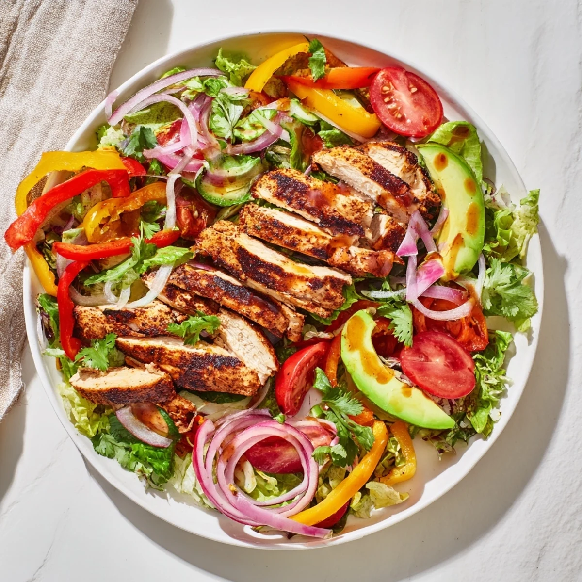 Colorful grilled chicken fajita salad with juicy spiced chicken strips over crisp bell peppers, fresh avocado, and mixed greens