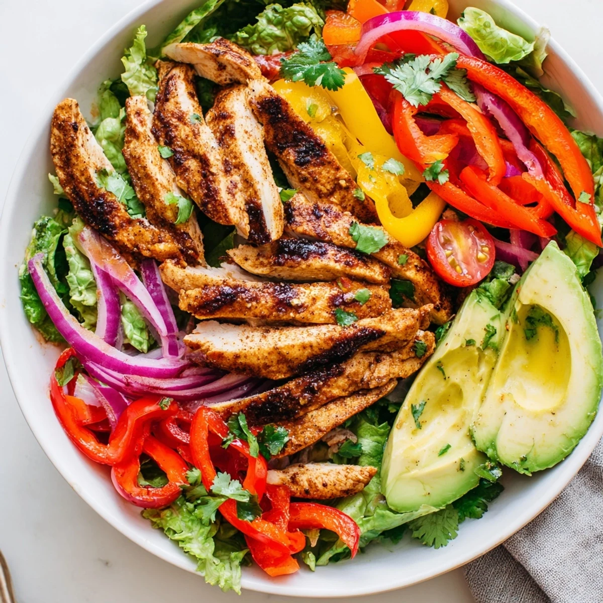 Healthy grilled chicken fajita salad featuring tender seasoned chicken strips with colorful vegetables and zesty lime dressing