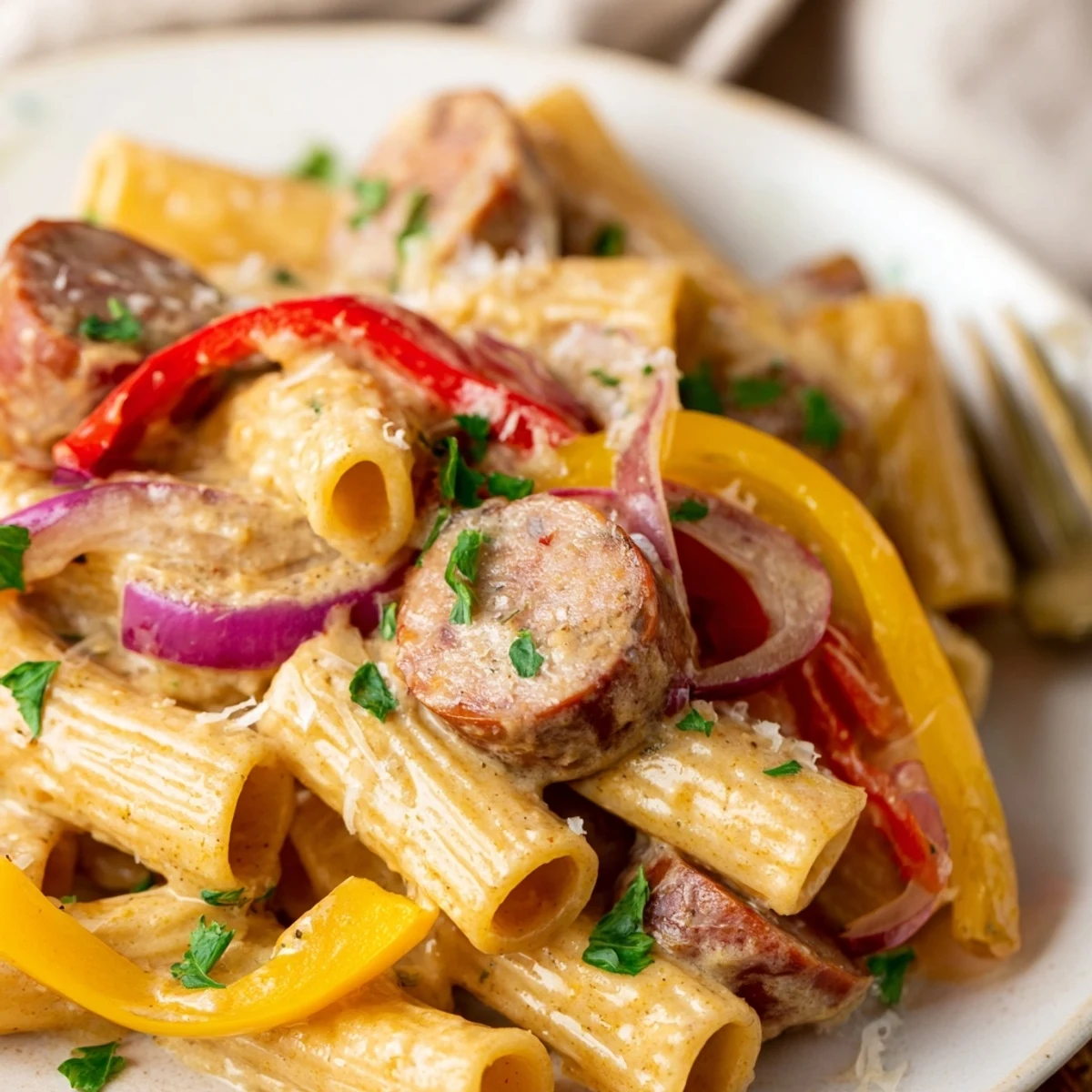 Creamy Cajun sausage pasta tossed with smoky sliced sausage and colorful bell peppers in a rich spiced sauce