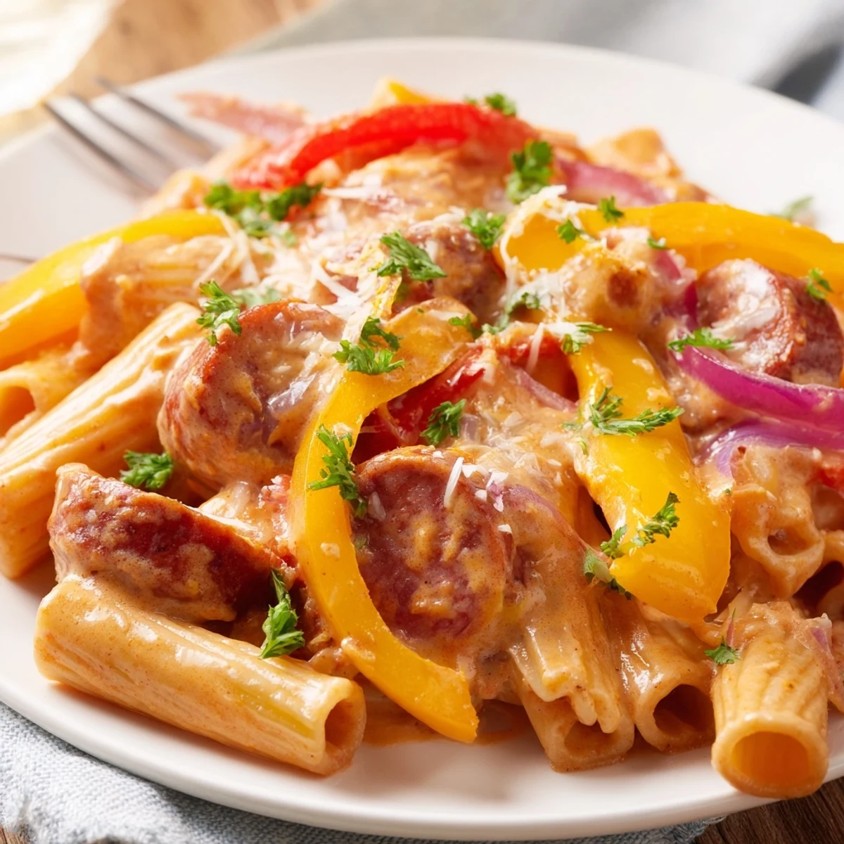 Plate of Cajun sausage pasta featuring penne noodles coated in a velvety cream sauce with tender vegetables and savory smoked sausage