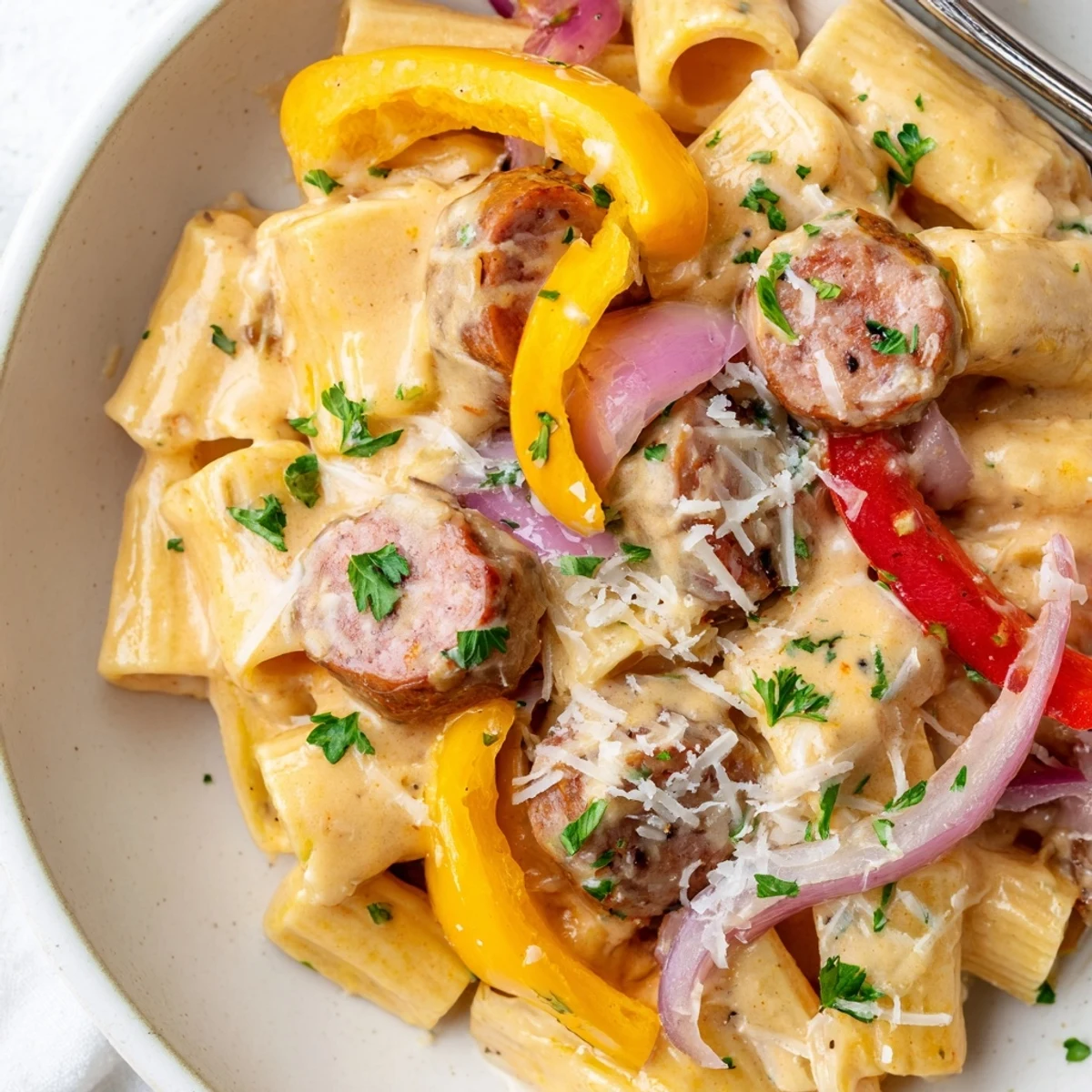 Close-up of Cajun sausage pasta showing golden pasta pieces mixed with red peppers, onions, and Andouille in a thick creamy Cajun sauce