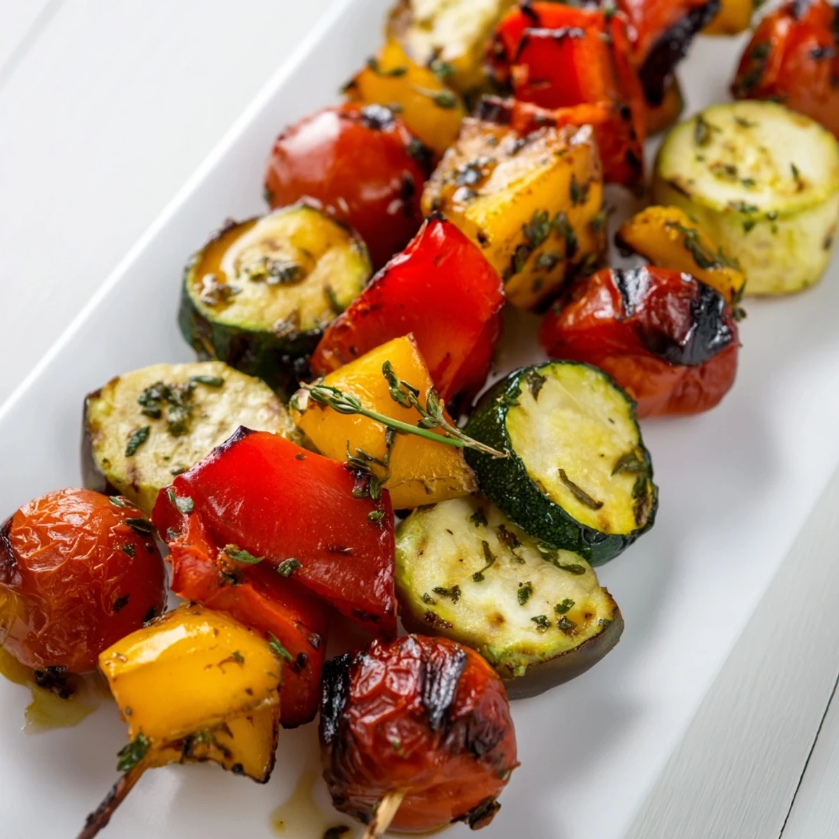 Colorful BBQ grilled vegetables marinated in herb dressing, charred to smoky perfection on the grill