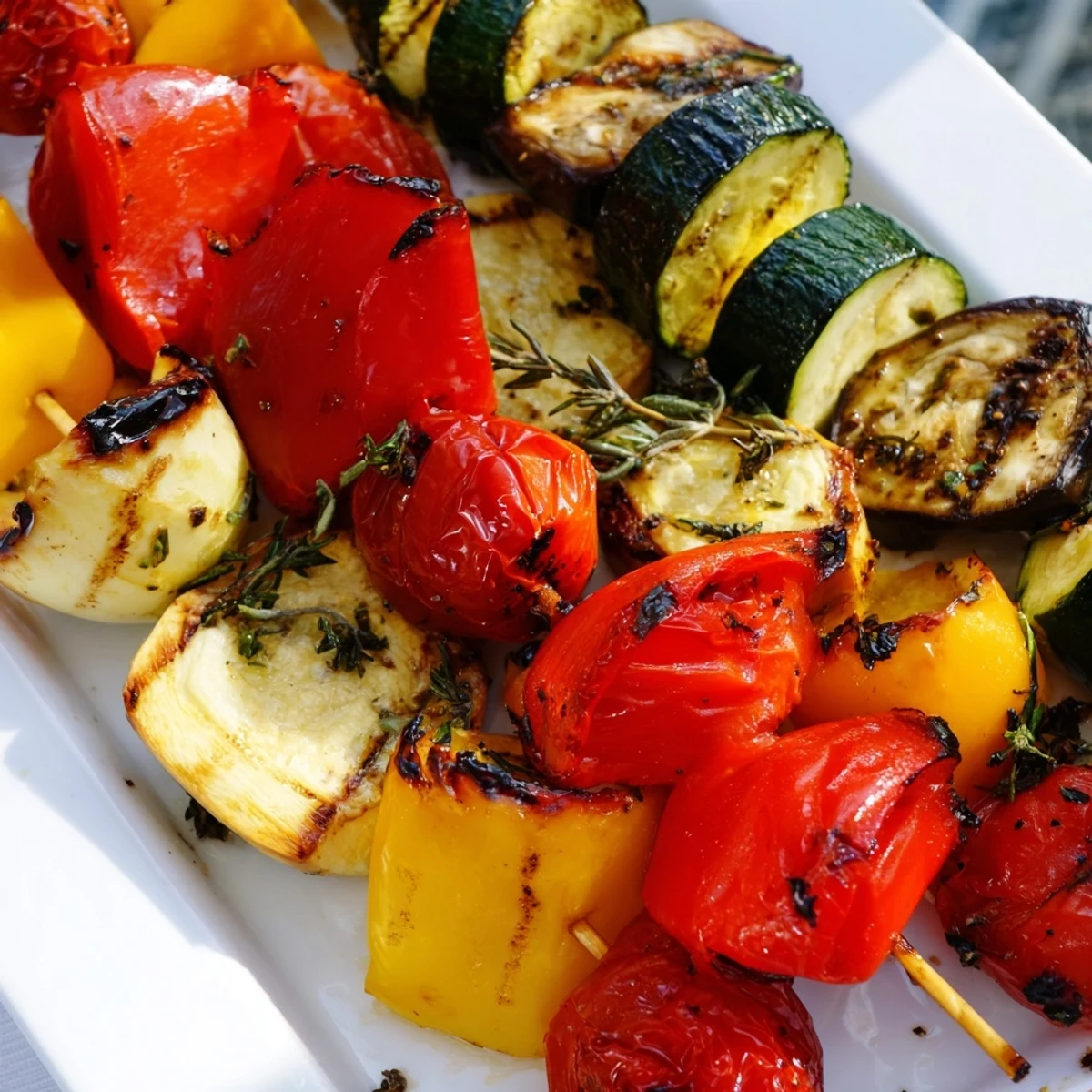 Fresh summer vegetables grilled with zesty herb marinade, showing beautiful char marks and vibrant colors